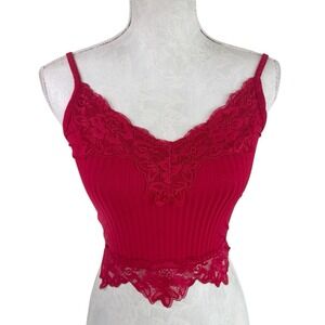 Women's‎ M Y2K Ribbed Preppy Cami Lace Cropped Tank Top Red EUC